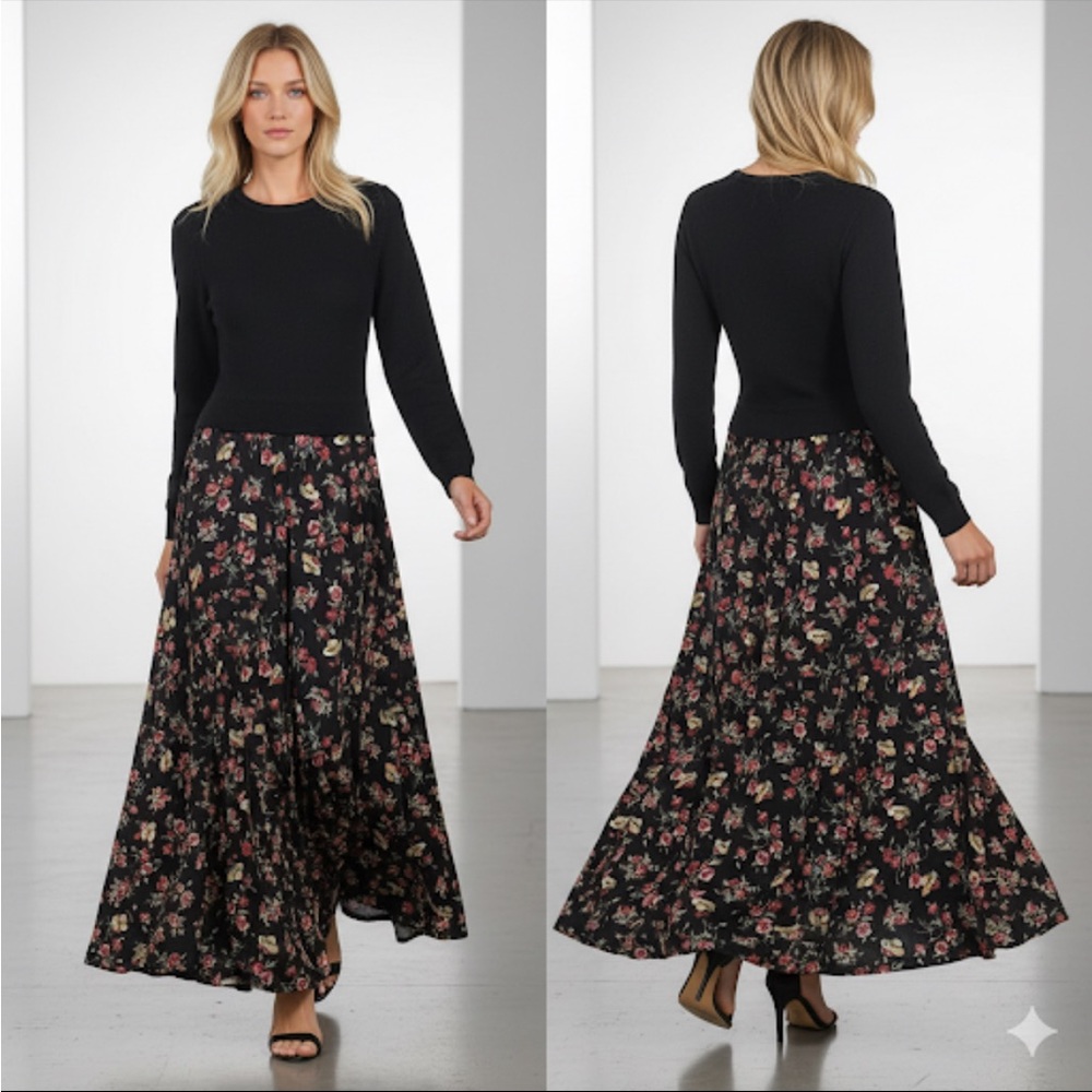 Jonathan Cass Vintage Flowing Floral Color Black Long Sleeve Dress Sz S